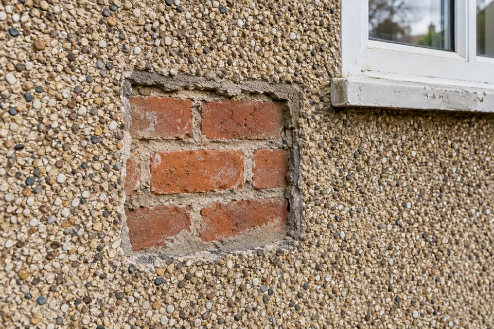 A small removal trial exposing masonry beneath a coarse pebbledash finish