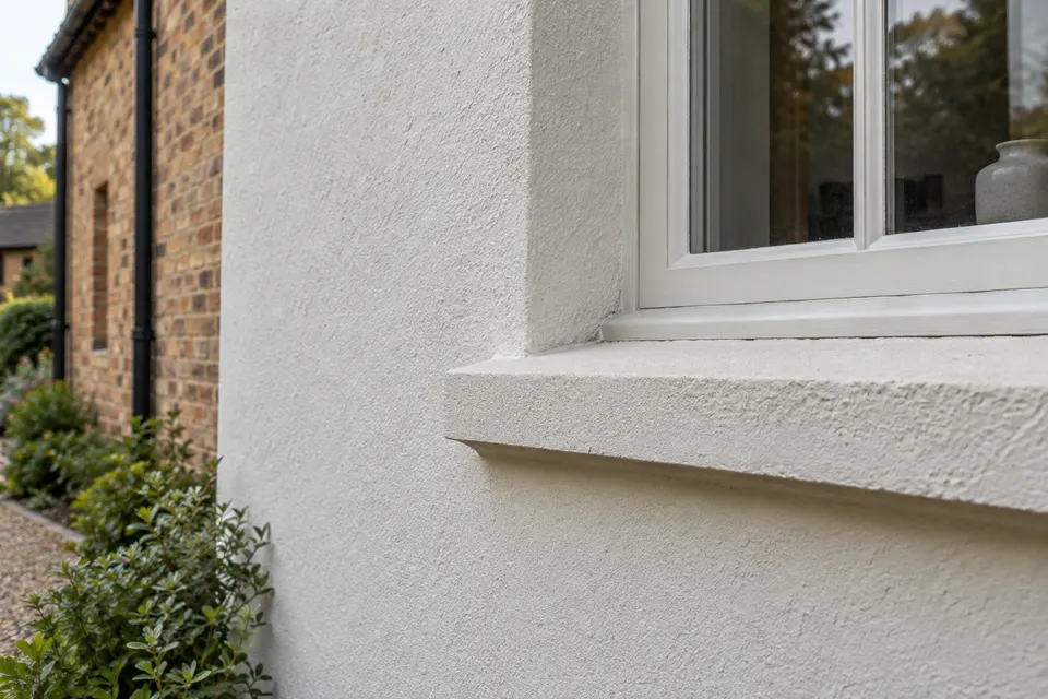 Illustrative close view of textured render at a window and projecting sill